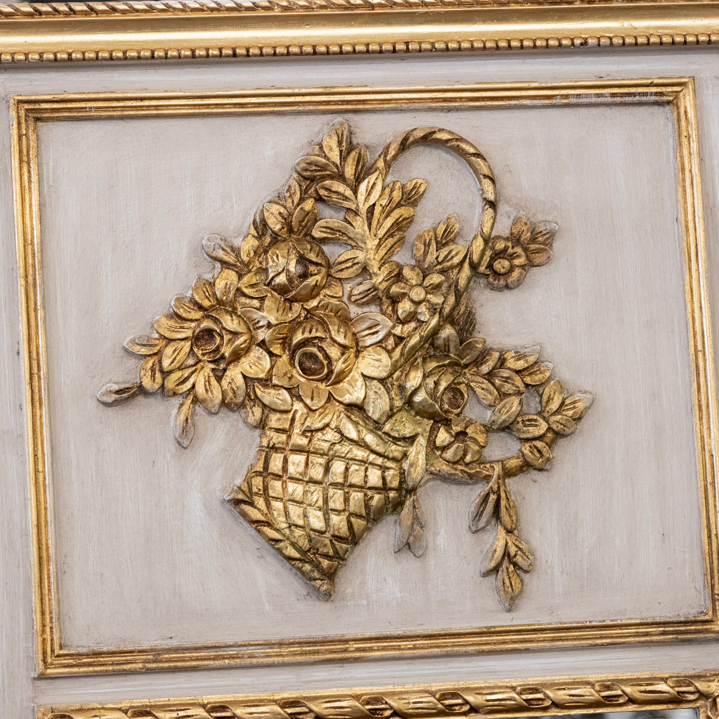 Louis XVI White Trumeau Mirror – Carved Floral Basket Crest