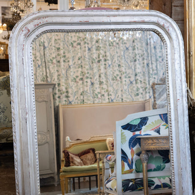 Louis Philippe Grand Silver Leaf Mirror – Rounded Beaded Frame with Patina