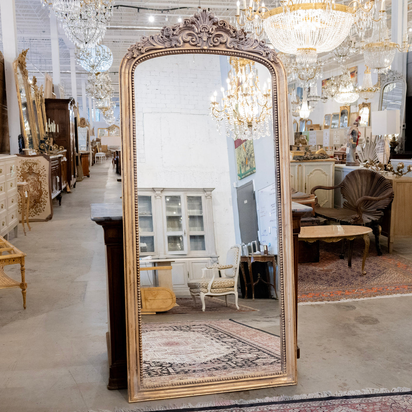 Louis Philippe Tall Gilded Mirror – Beaded Frame with Crest