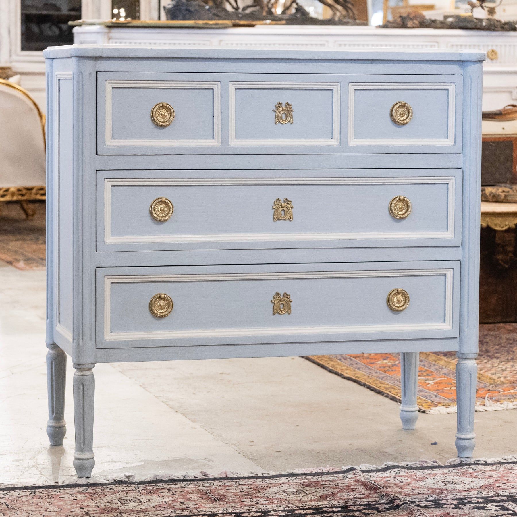 Swedish 3-Drawer Chest – Rounded Corners & Brass Pulls in Blue – Le Chateau