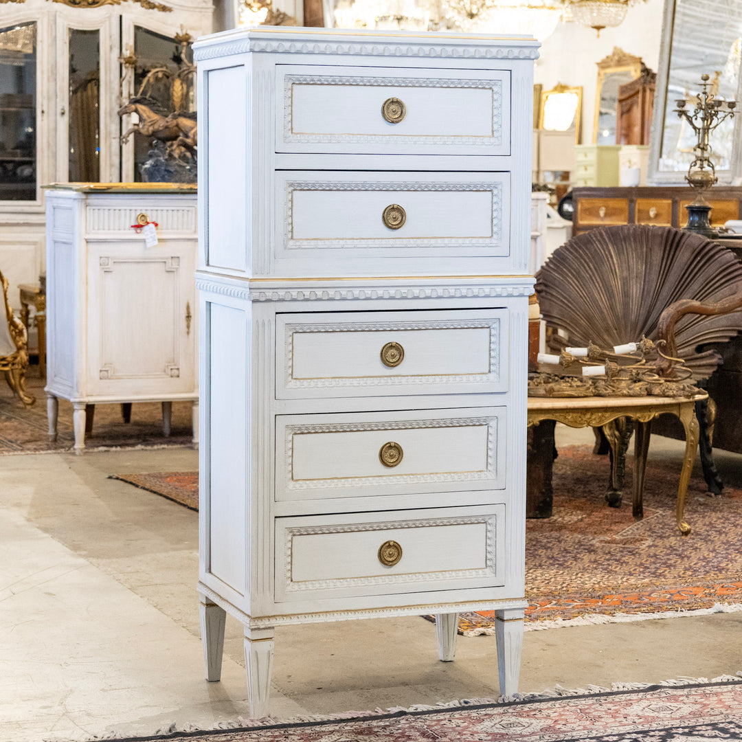 Swedish Slim Tall Dresser – Beaded & Gold Trim in Dove White – Le Chateau