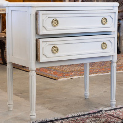 Swedish 2-Drawer Nightstand – Rounded Corners & Brass Ring Pulls in Dove White