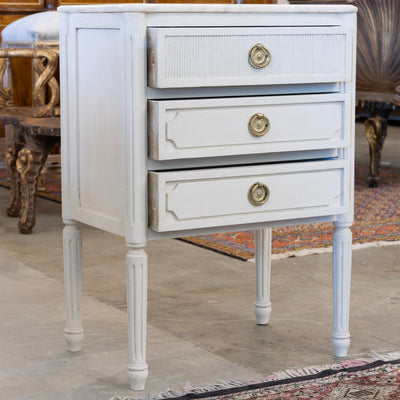 Swedish 3-Drawer Nightstand – Reeded and Carved Detailing & Marble Top in Dove White