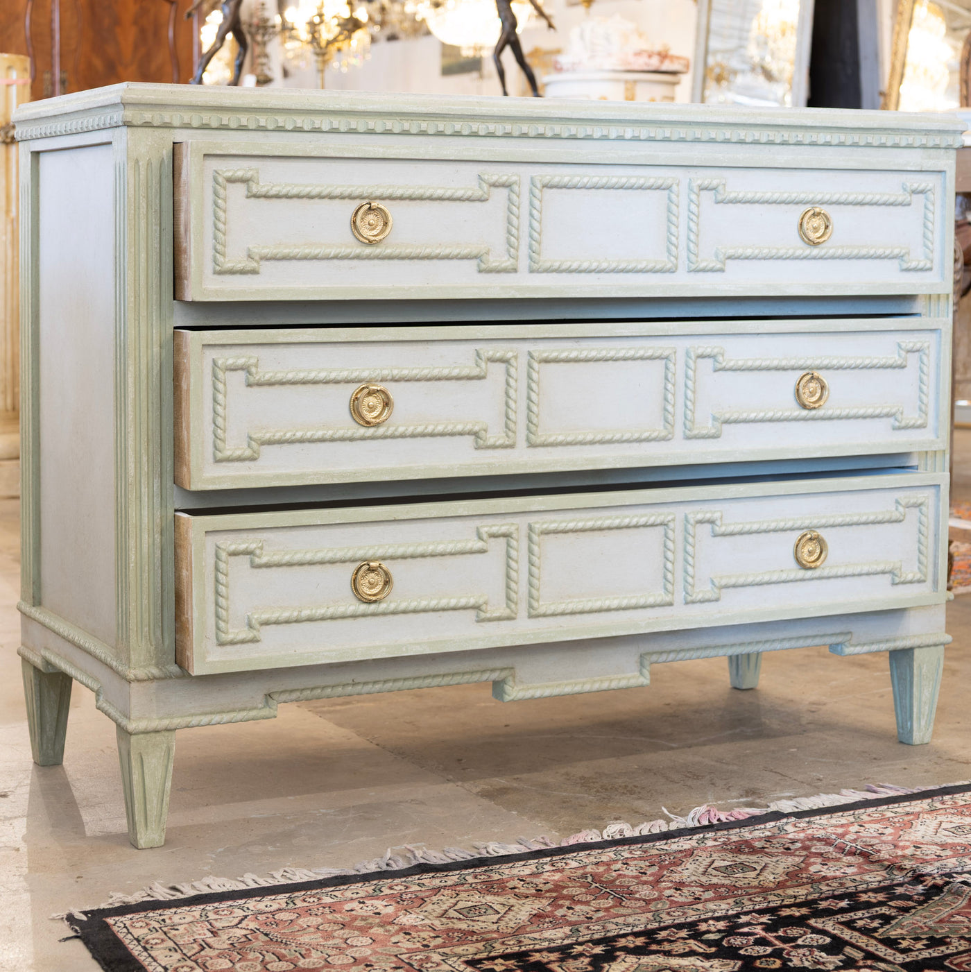 Swedish 3-Drawer Chest – Carved Open Rope Trim & Green-Blue Finish