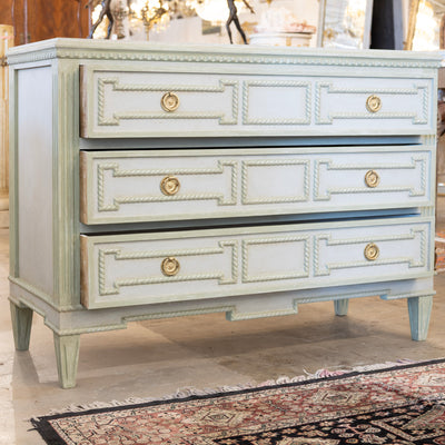 Swedish 3-Drawer Chest – Carved Open Rope Trim & Green-Blue Finish