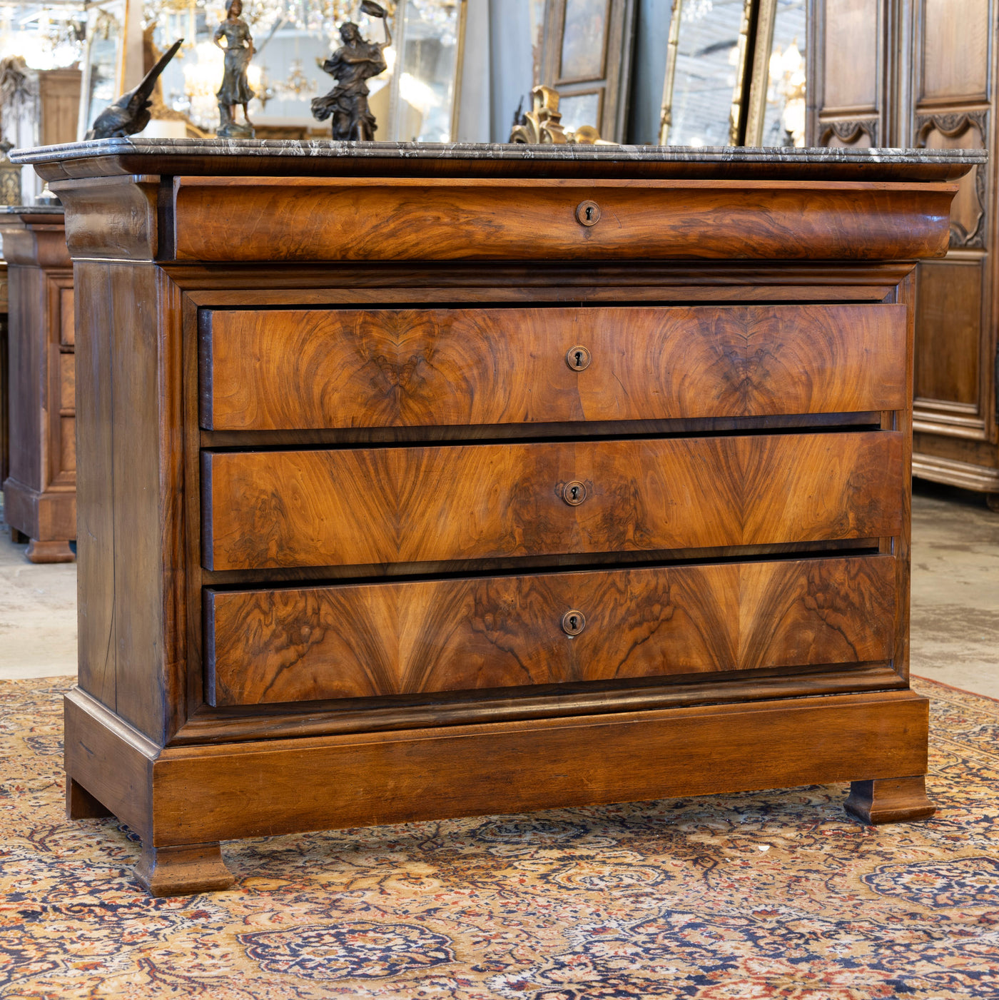 Louis Philippe Burl Wood Chest – Black Marble Top & Keyhole Detail