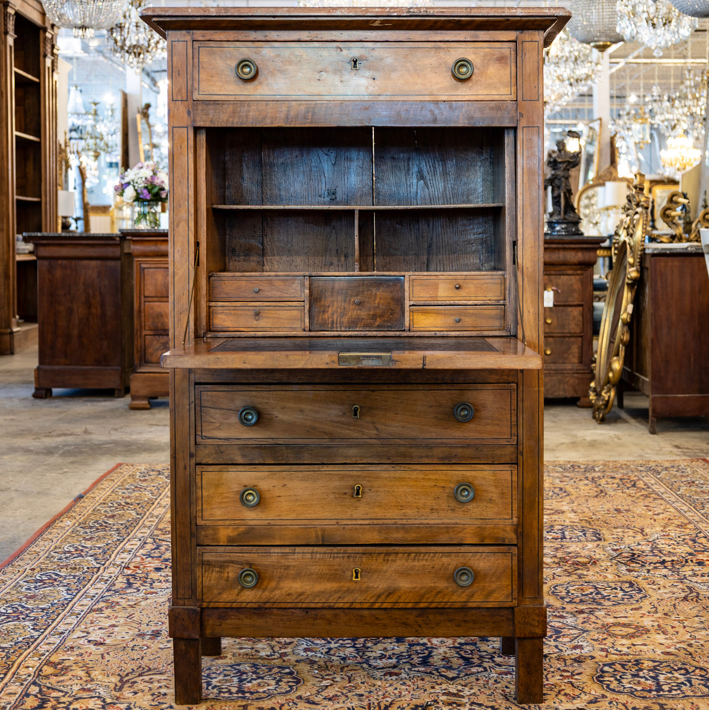 Louis XVI Wood Secretary Desk – Drop Front Drawers with Rosy-Brown Marble Top