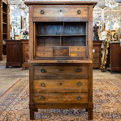 Louis XVI Wood Secretary Desk – Drop Front Drawers with Rosy-Brown Marble Top