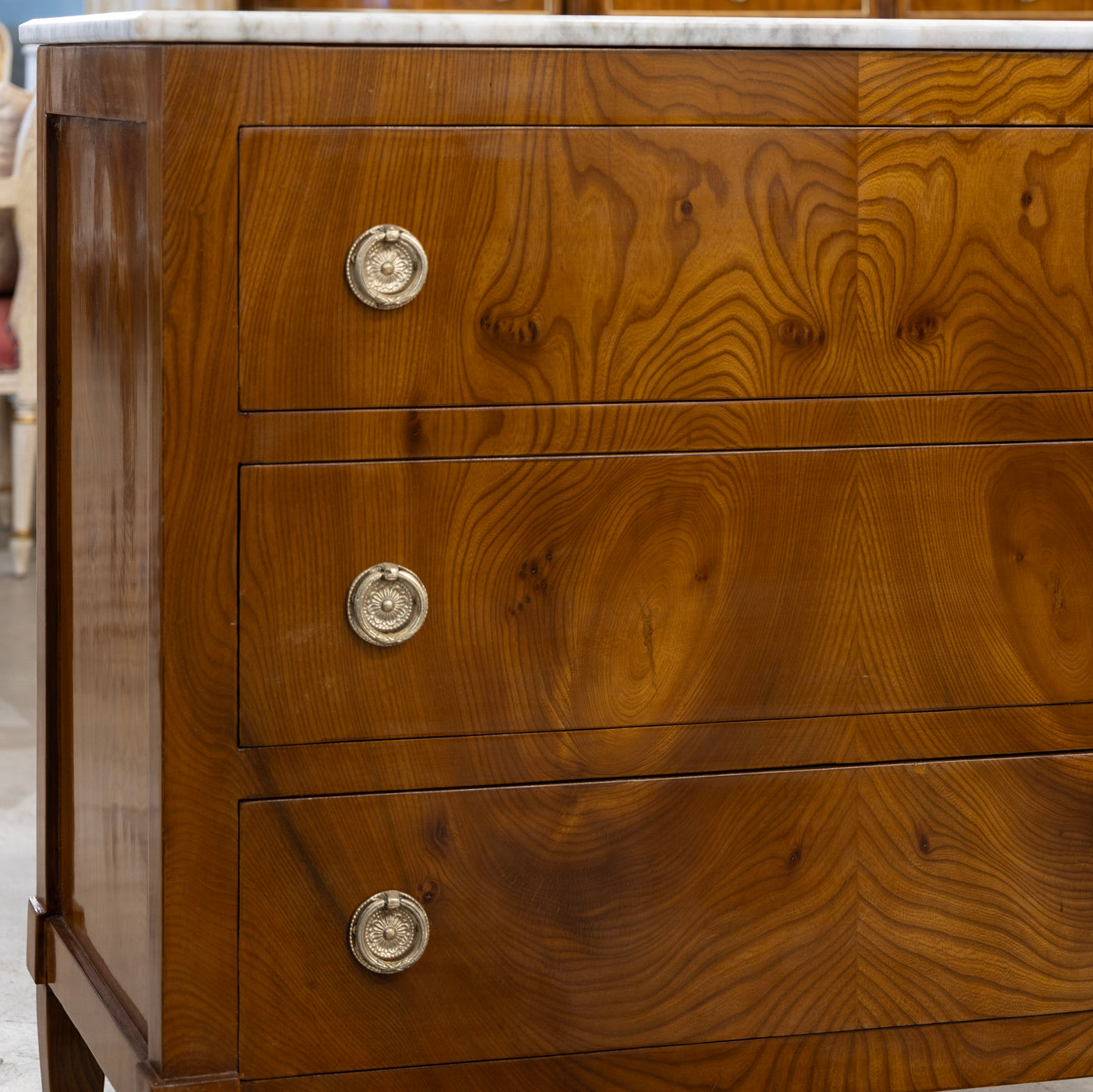 Art Deco 3-Drawer Chest – Burl Wood & White Marble Top