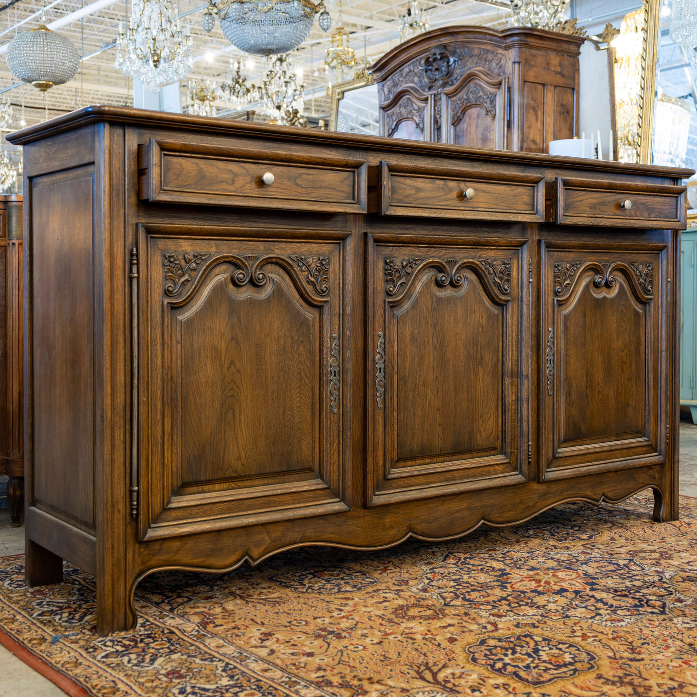 LouisXVI Brown Sideboard – Rounded Corners & Carved Detailing