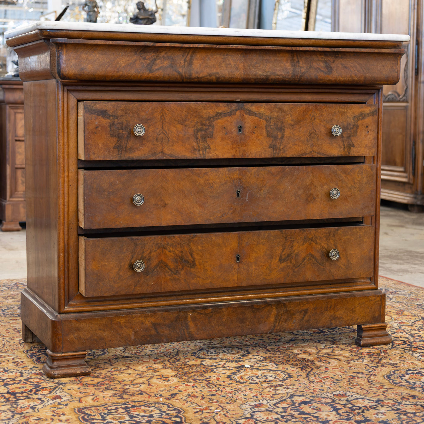 Louis Philippe Burl Wood Chest – White Marble Top & Brass Pulls