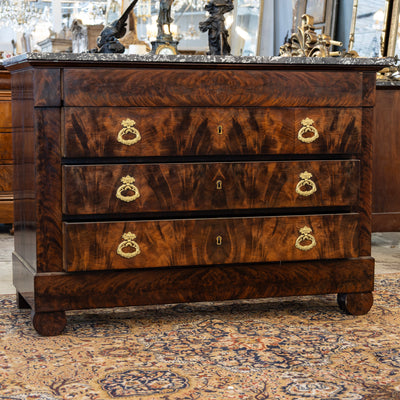 Louis Philippe Burl Wood Chest – Black Marble Top & Ornate Brass Pulls