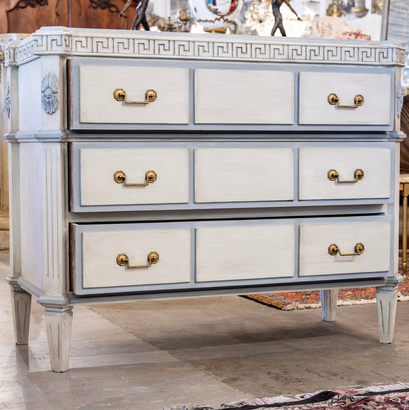 Swedish 3-Drawer Chest – Greek Key Carving & Blue Trim