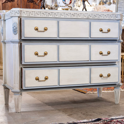 Swedish 3-Drawer Chest – Greek Key Carving & Blue Trim