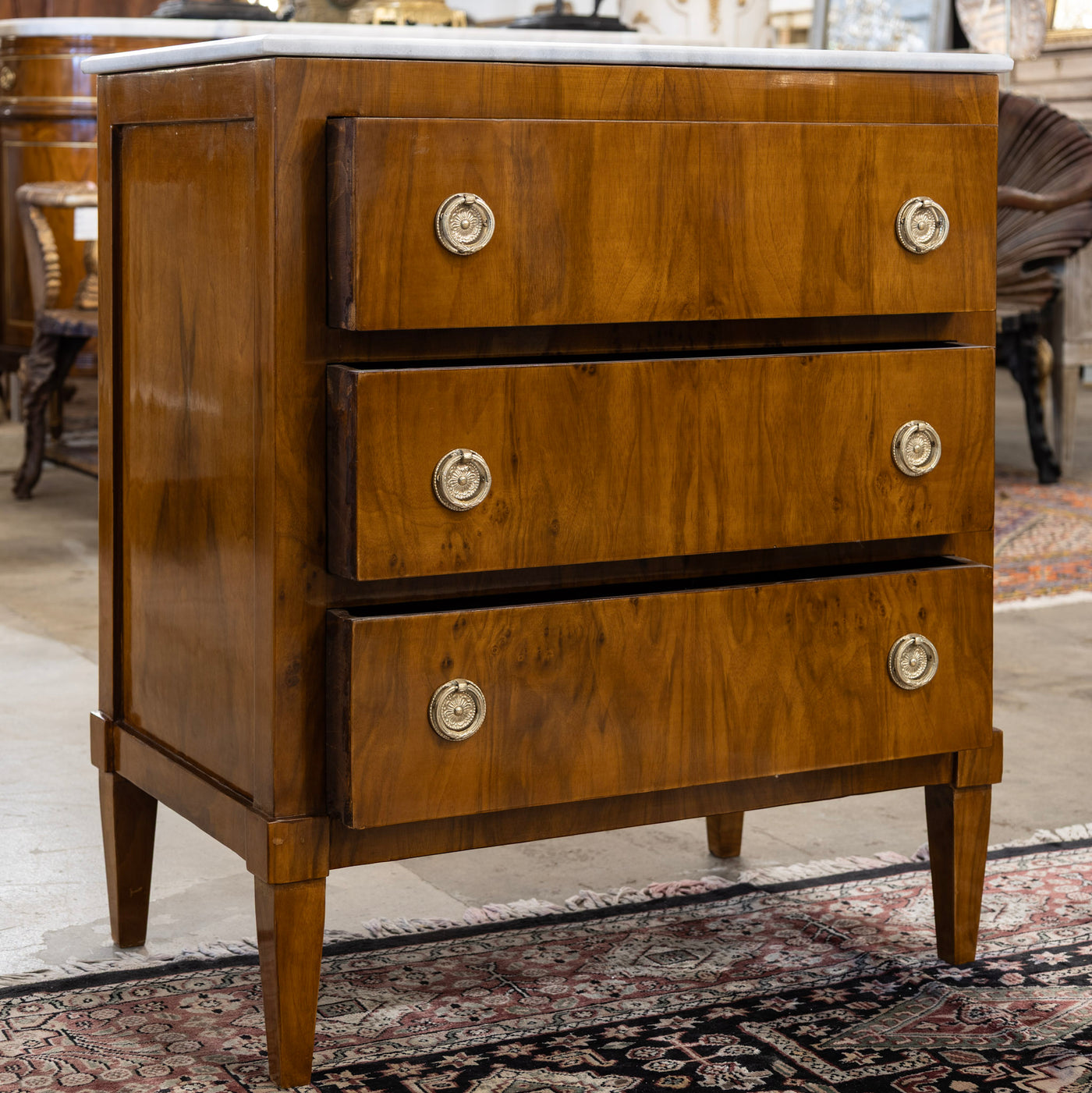 Art Deco 3-Drawer Nightstand – Burl Wood & White Marble Top