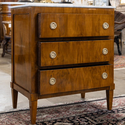 Art Deco 3-Drawer Nightstand – Burl Wood & White Marble Top
