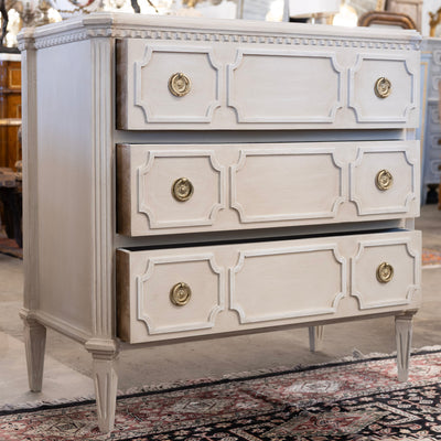 Swedish 3-Drawer Chest – Canted Corners & Open Geometric Trim in Antique White