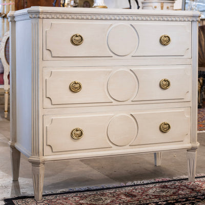 Swedish 3-Drawer Chest – Canted Corners & Circular Carved Detail in Antique White