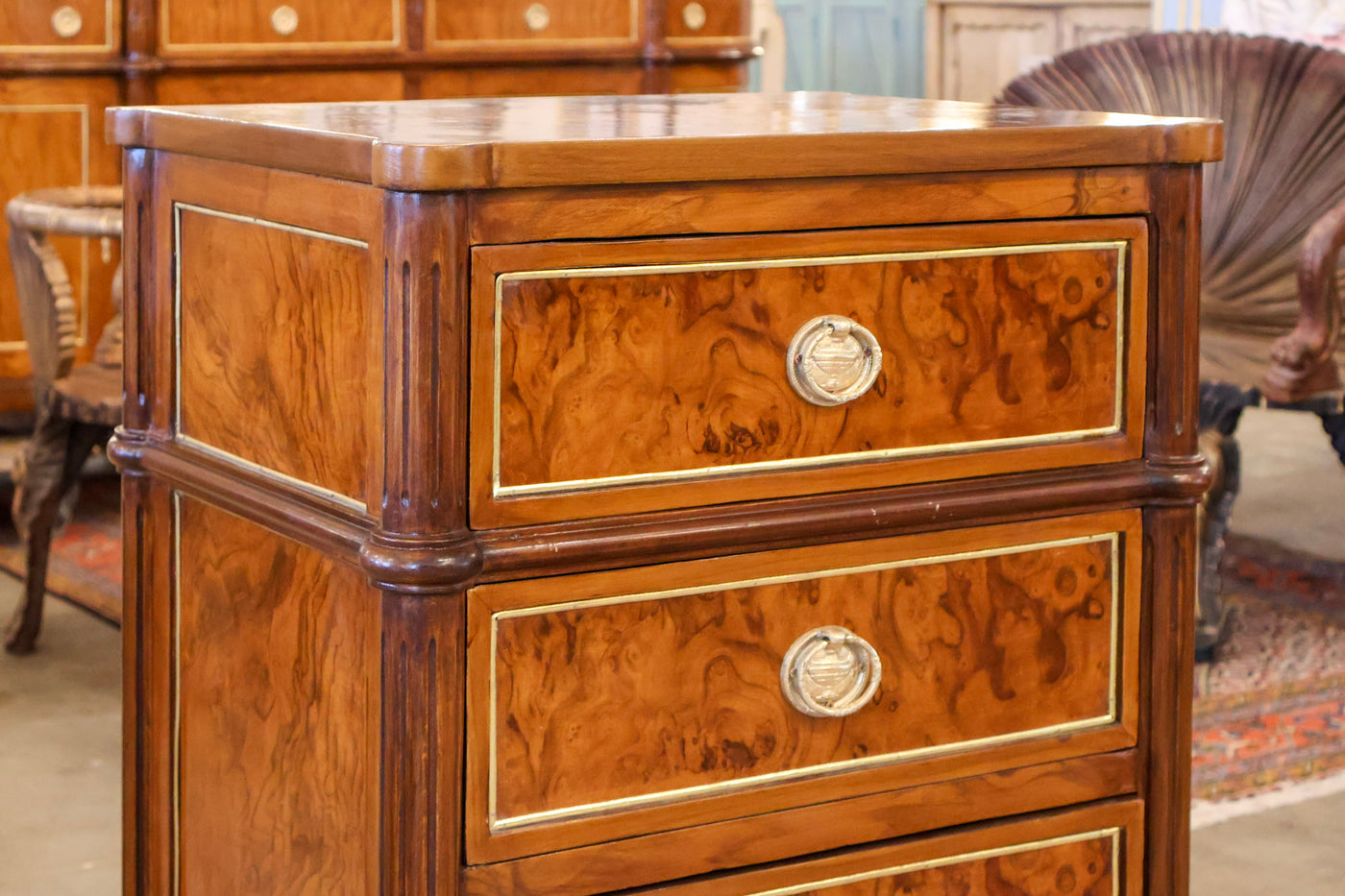 Louis XVI Burl Wood Nightstand – Gilded Trim & Fluted Legs