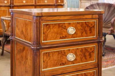 Louis XVI Burl Wood Nightstand – Gilded Trim & Fluted Legs