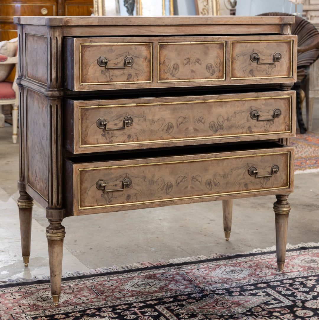Louis XVI 3-Drawer Nightstand – Stripped Burl Wood with Gold Trim