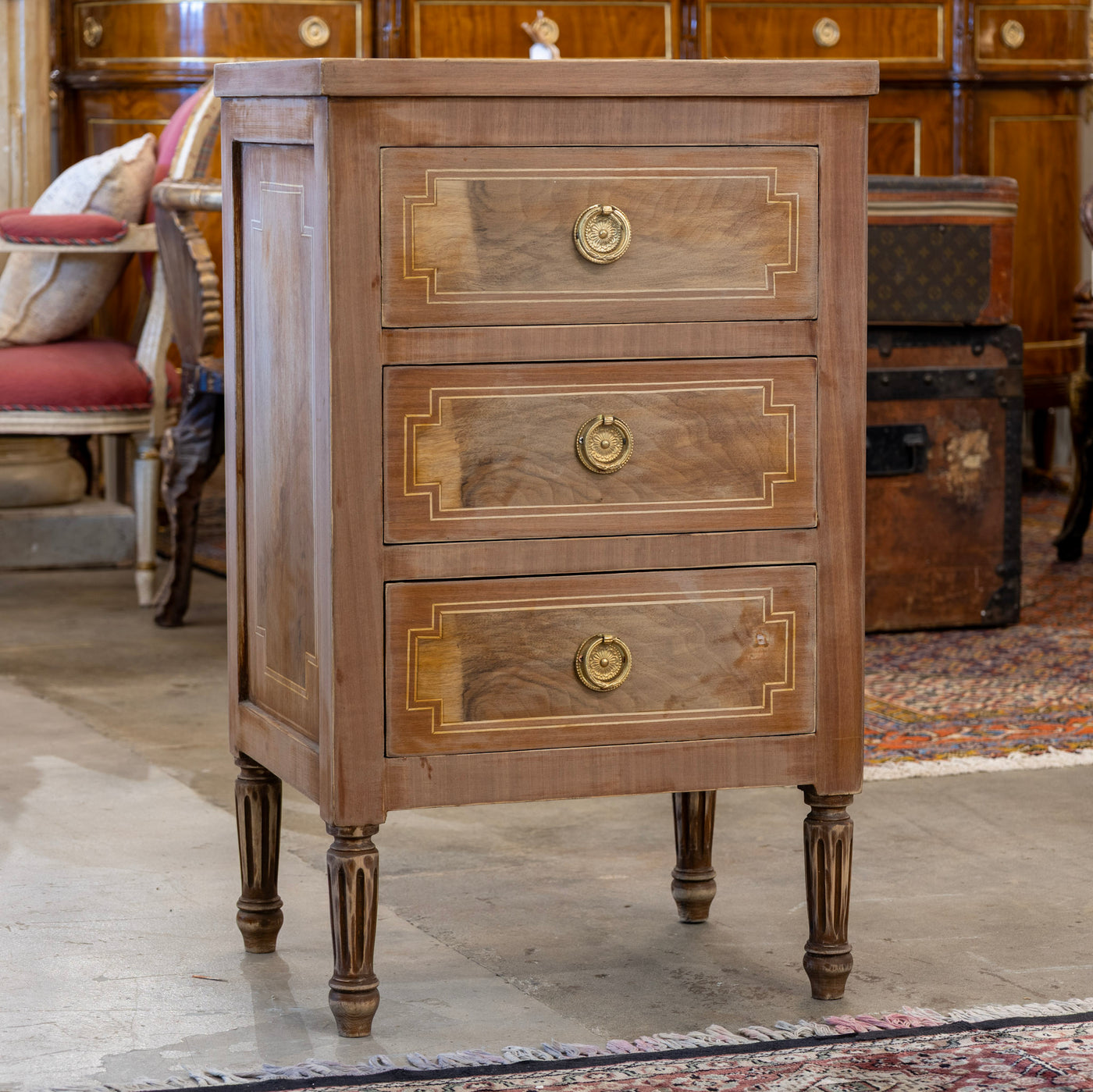 Louis XVI 3-Drawer Nightstand – Stripped Burl Wood Finish