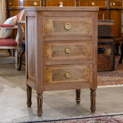 Louis XVI 3-Drawer Nightstand – Stripped Burl Wood Finish