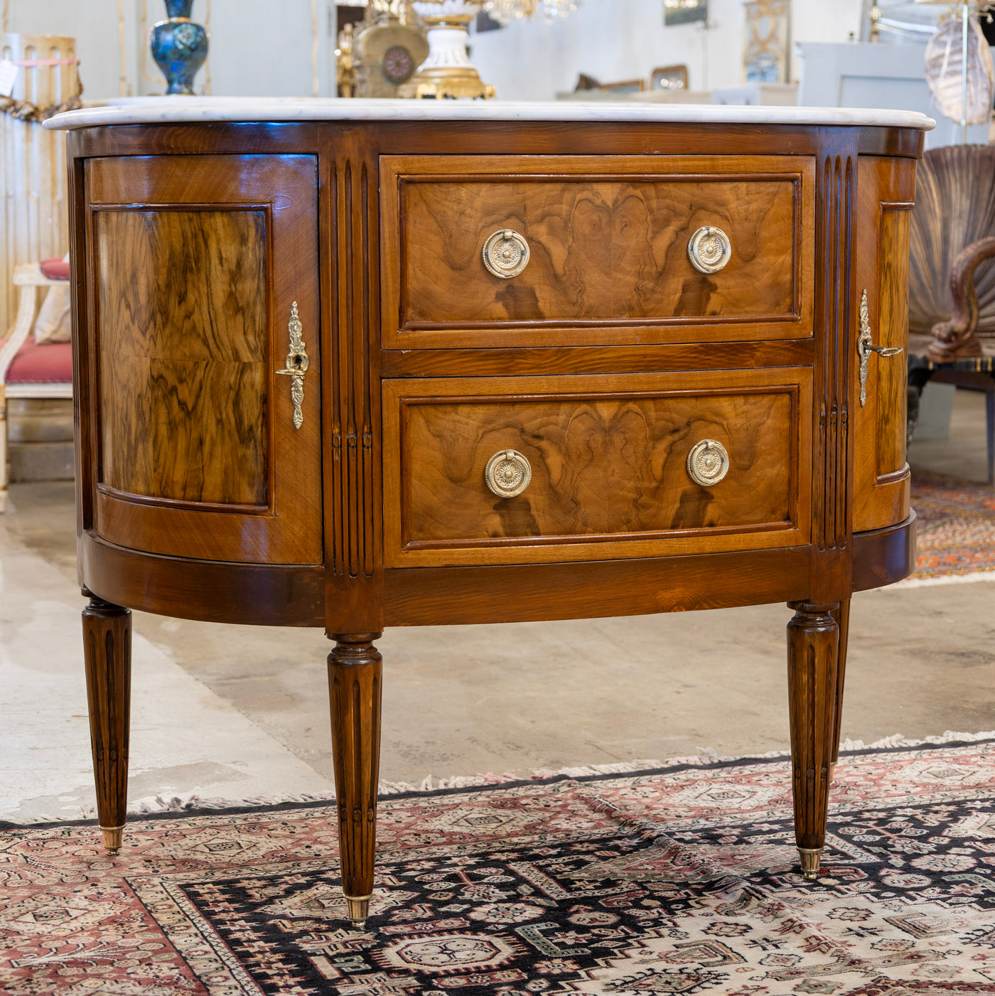 Louis XVI Demilune Chest – Burl Wood with White Marble Top