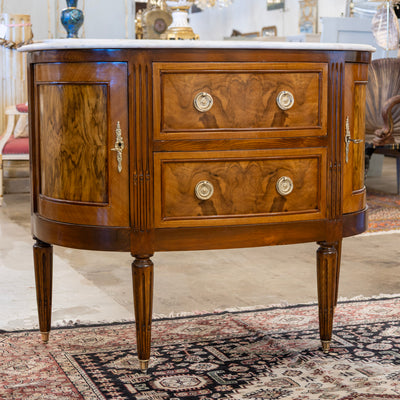 Louis XVI Demilune Chest – Burl Wood with White Marble Top