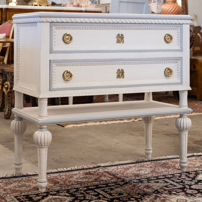 Swedish 2-Drawer Chest with Shelf– White with Blue Trim