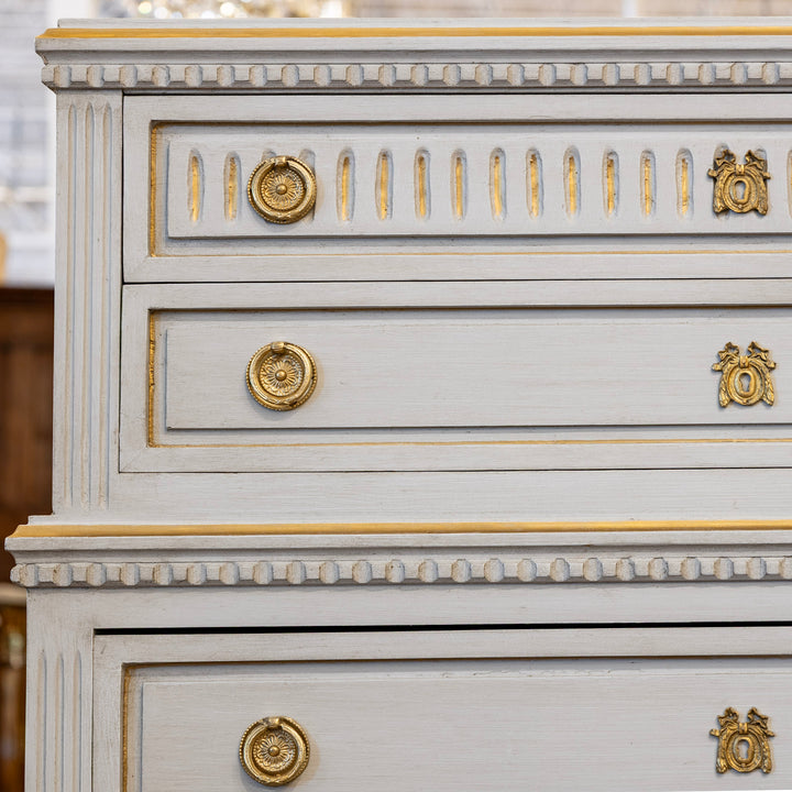 Swedish Tall Chest – Blue with Gold Trim and Brass Hardware – Le Chateau