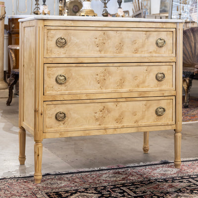 Louis XVI Burl Chest – Light Stripped Wood & White Marble Top