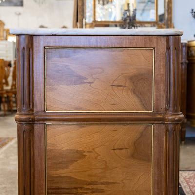 Louis XVI Light Burl Wood 3-Drawer Chest – White Marble Top