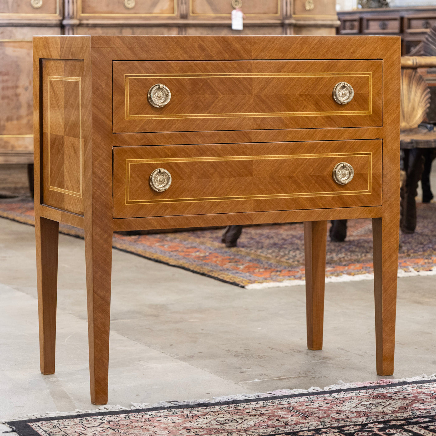 Art Deco Burl Wood 2-Drawer Chest – Inlaid Panels & Brass Pulls