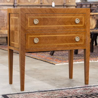 Art Deco Burl Wood 2-Drawer Chest – Inlaid Panels & Brass Pulls