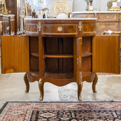 Louis XV Demilune Burl Wood Nightstand – White Marble Top & Ormolu Mounts