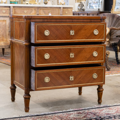 Louis XVI Burl Wood 3-Drawer Nightstand – Rounded Corners and Gold Inlay