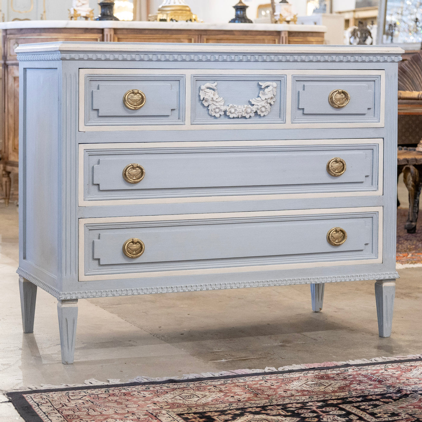 Swedish 3-Drawer Chest in French Blue – Carved Floral Detailing & White Trim