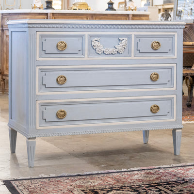 Swedish 3-Drawer Chest in French Blue – Carved Floral Detailing & White Trim
