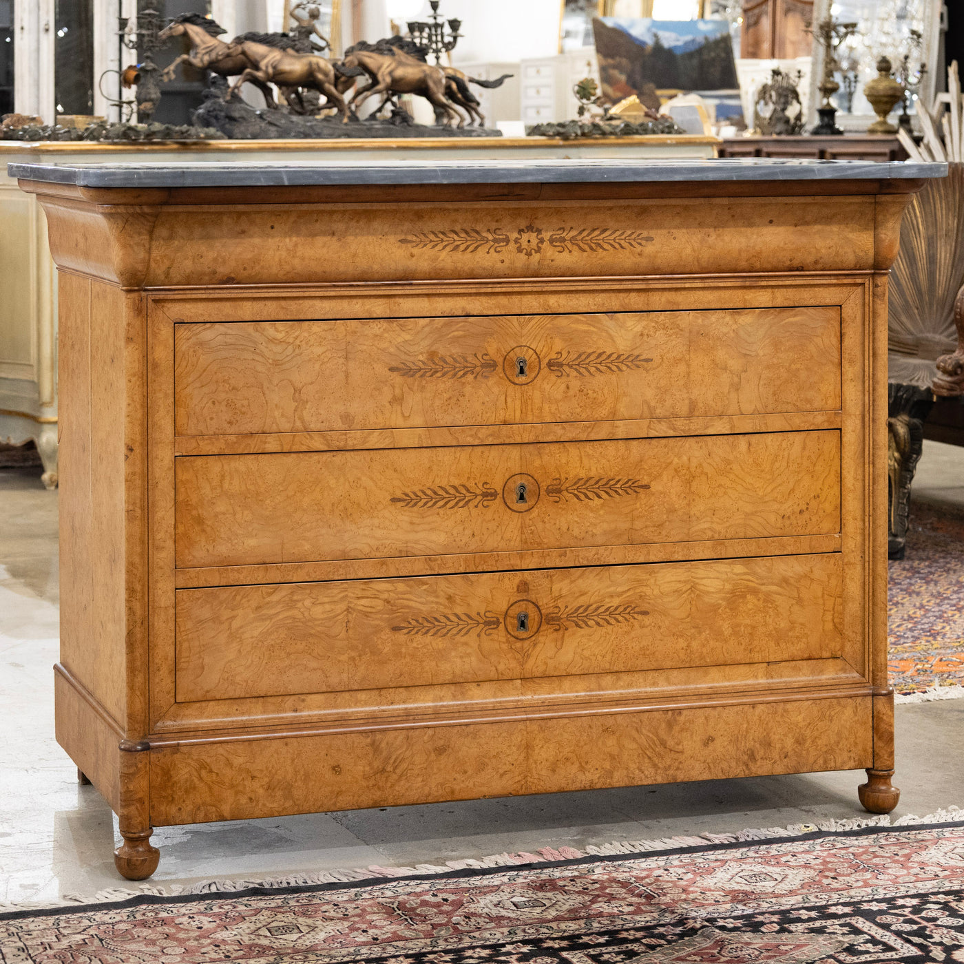 Louis Philippe Burl Wood Chest – Floral Drawer Detail & Black-Grey Marble Top