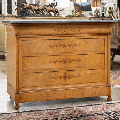 Louis Philippe Burl Wood Chest – Floral Drawer Detail & Black-Grey Marble Top