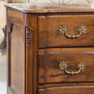 Louis XV 18th Century Walnut Chest – Bronze Hardware & Carved Florals