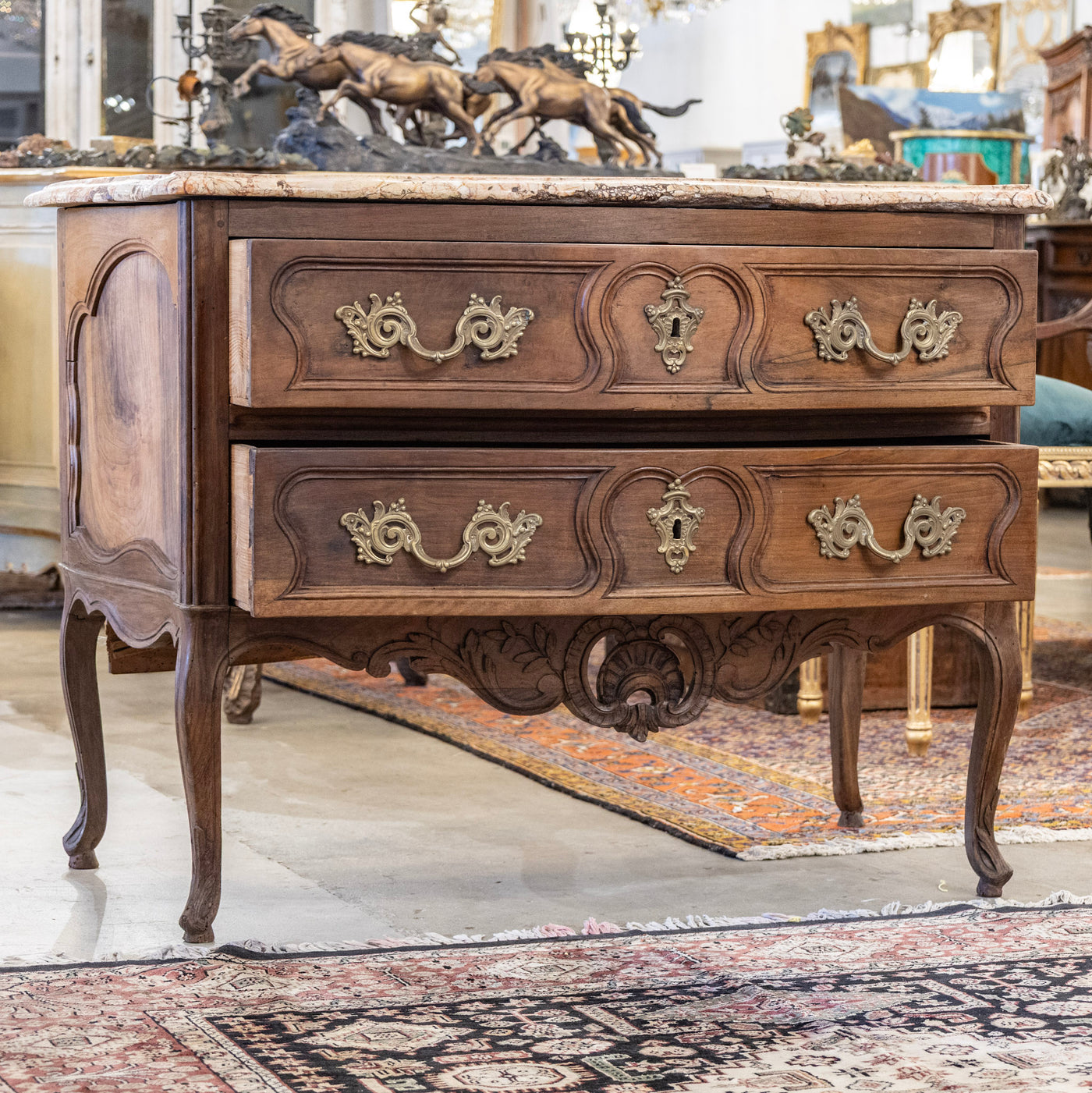 Louis XV 18th Century Walnut Chest – Carved Apron & Breccia Pernice Marble Top