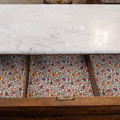 Louis Philippe Burl Wood Chest – White Marble Top & Floral-Lined Drawers