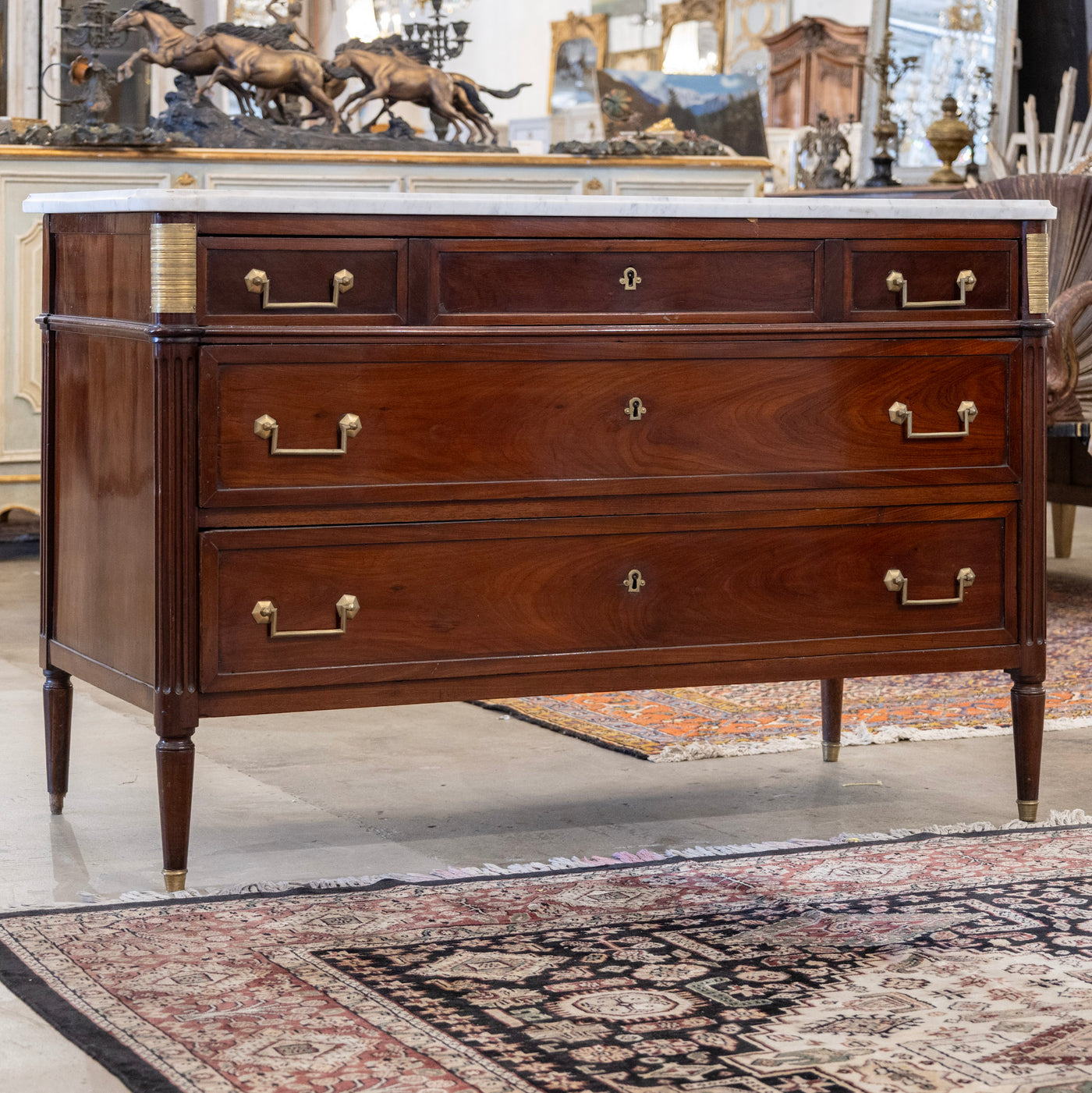 Louis XVI St. Charles 3-Drawer Chest – Burl Wood & White Marble Top