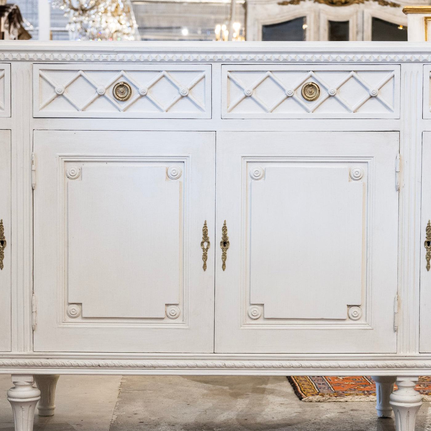 Swedish Four-Door Sideboard –  Lattice Carved Detail in Dove White