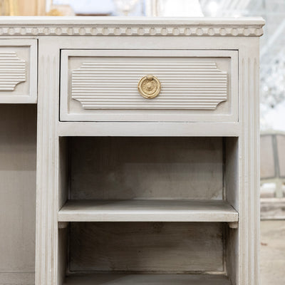 Swedish Painted Vanity – Fluted Drawers & Open Shelf in French Grey
