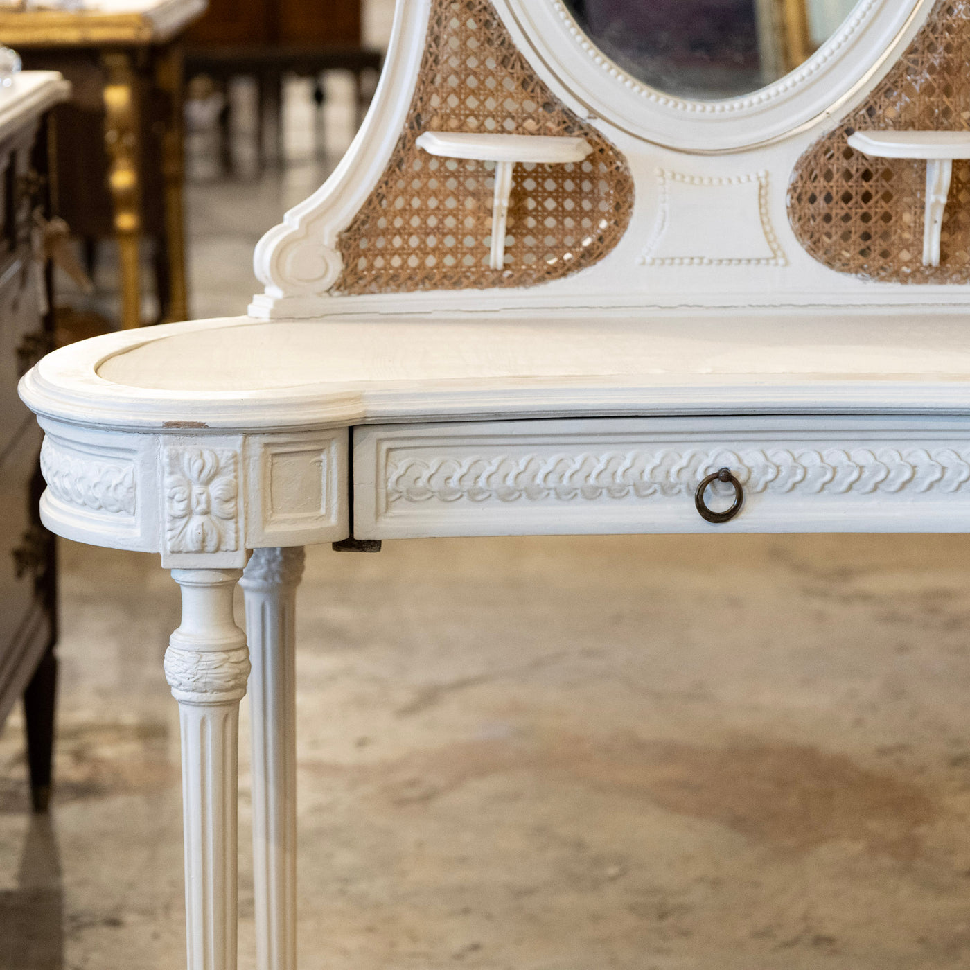 Swedish White Vanity – Oval Mirror & Cane Panels