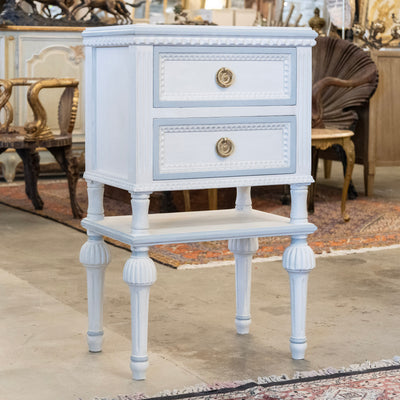 Petite Swedish Nightstand with Shelf – White with Blue Beaded Trim