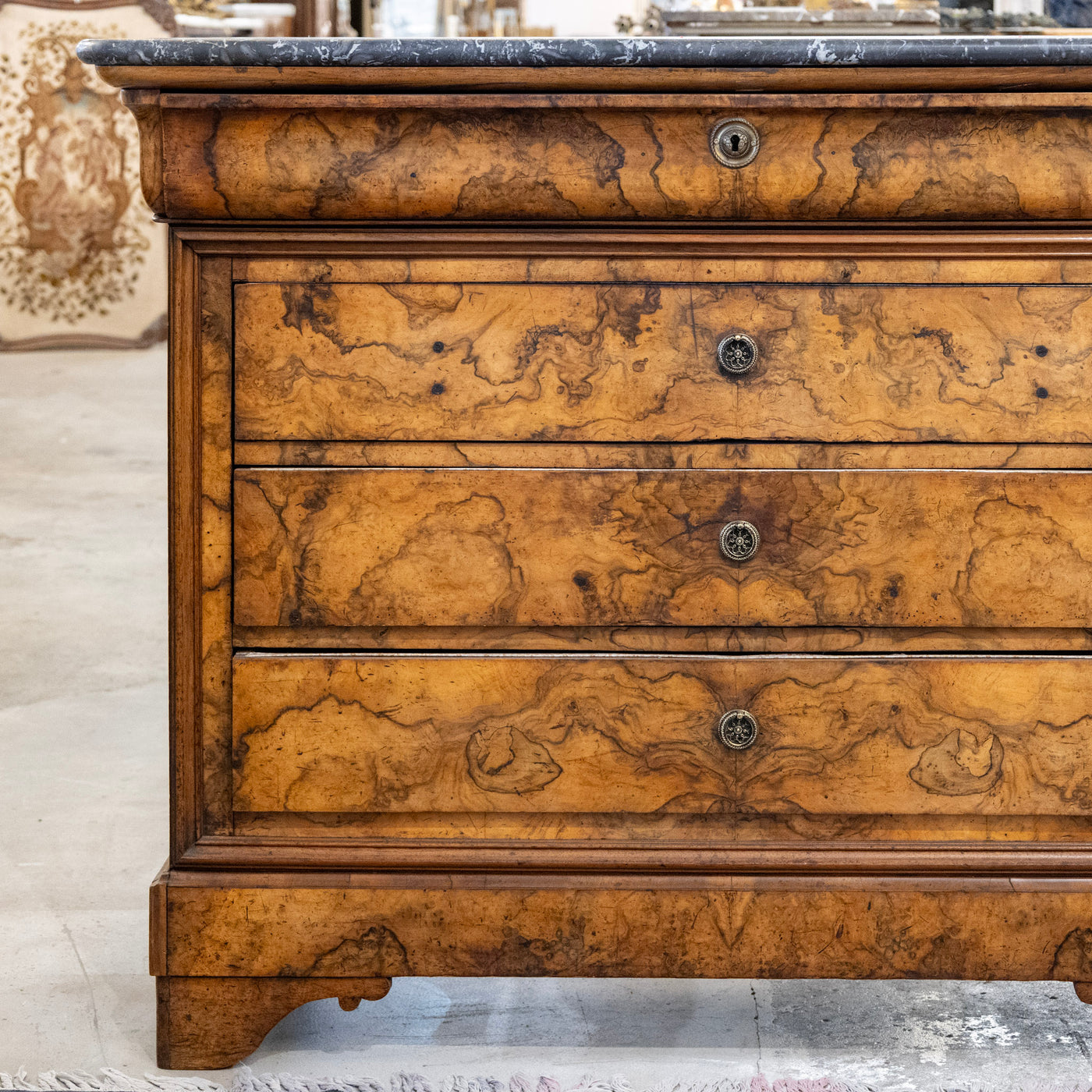 Louis Philippe Marbled Burl Wood Chest – Black Marble Top